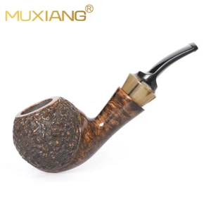 Geschnitzte Tabakpfeife Bruyère rustikal Smoking Pipe 9mm Filter gebogener Stiel Hornring - Bild 1 von 9