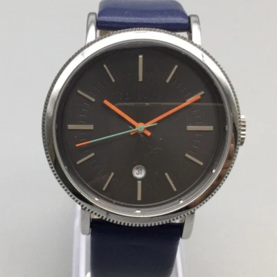 Ted Baker Watch Men 42mm Silver Tone Gray Date Blue Leather Band New Battery - Image 1 of 4