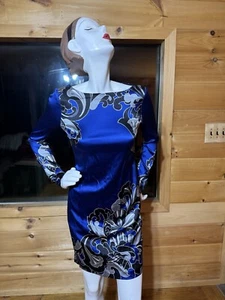 Cache Paisley Floral Print Long Sleeve Lined Bodycon Dress Blue,Silvr,Black Sz 4 - Picture 1 of 7