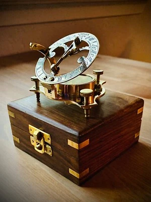 Brass Sundial Compass 3” Inch w/ Beautiful Wooden Box Antique Vintage Style Gift - Image 1 of 4