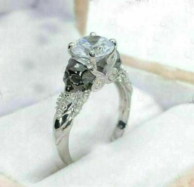 Anel de noivado de ouro branco 14k diamante 2,25 quilates dois tons caveira simulado no tamanho 7 - Imagem 1 de 3