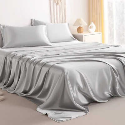Juego de sábanas de seda satinada brillante de 4 piezas sábanas de bolsillo profundo resistentes a la decoloración de arrugas Foto 1 de 4