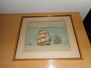 Vintage gerahmtes Original 1931 Aquarell Schiffe Gemälde von E.W.M. GUHLE - Bild 1 von 8