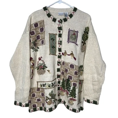 Cárdigan Suéter Newport News Vintage Bordado Botánico Navidad Talla L Foto 1 de 4