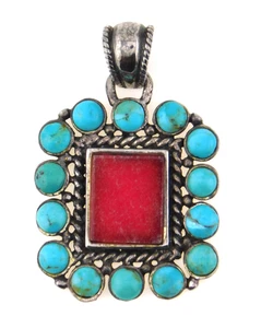 Bohemian Boho 925 Sterling Silver Turquoise & Ruby Pendant - Picture 1 of 6