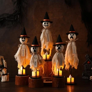 Set of 5 Halloween Wooden Ghosts, Primitive Vintage Felt Hat Table & Shelf Decor - Picture 1 of 12