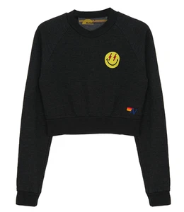 AVIATOR NATION sz S Bolt Smiley Embroideed Cropped Crew Sweatshirt BRAND NEW - Picture 1 of 5