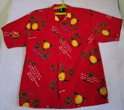 男式全新 Koman 夏威夷短袖衬衫 L 聚酯纤维红色花卉菠萝 — 第 1/4 张图片