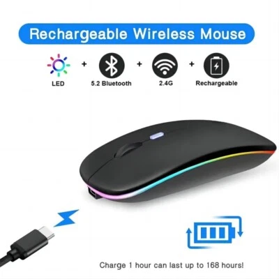 Wireless Bluetooth Mouse Recharge LED Dual Mode Mouse BT 5.2 USB 2.4GHz Portable - Image 1 of 4