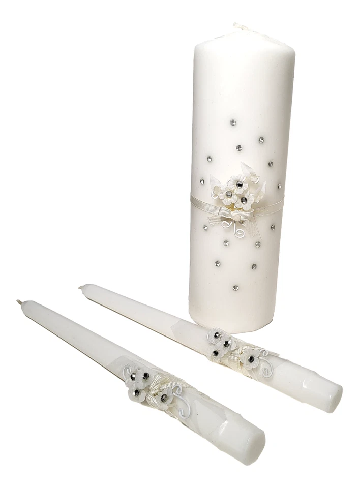 Juego de velas Unity pilar de boda blanco 9" y 2 10" cónicas elegantes pedrería Foto 1 de 4