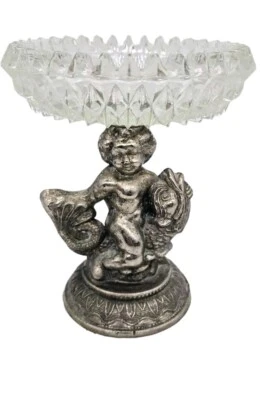 Vtg Pedestal Cut Crystal Soap Dish Mid Century Hollywood Regency Cherub Koi Fish - Image 1 of 4