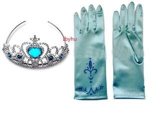 UK Stock New Elsa Snow QUEEN Party COSTUME Pale Blue Gloves+  5 Crystal Crown