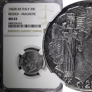 Italy 1942 R XX 20 Centesimi NGC MS63 MAGNETIC REEDED EDGE WWII KM# 75b (52) - Picture 1 of 5