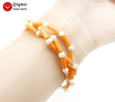 Pulseira feminina de coral laranja natural coluna 3*9 mm pérola branca 3 fios 7,5"" - Imagem 1 de 4