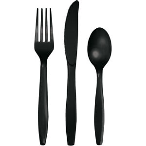 Black Disposable Plastic Cutlery Set of Forks Spoon and Knives for 24