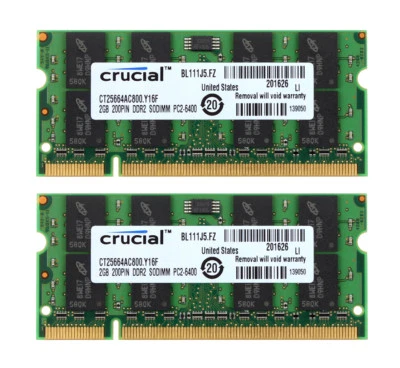 4GB 2X 2GB For Crucial 2Rx8 PC2-6400S DDR2 800Mhz SODIMM RAM Laptop Memory CL5 @ - Image 1 of 4