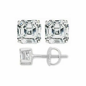 14K White Gold 3CT Asscher Cut Real Brilliant Screw Back Stud Earrings - Picture 1 of 1
