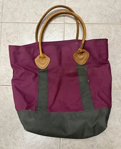 LL Bean Leather Handle Canvas Boat & Tote Bag Freeport Maine Brown Plaid Inside - Picture 1 of 8