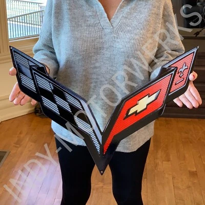 CORVETTE C7 BLACK CROSSED FLAG METAL EMBLEM SIGN FULL 24" X 15" SIZE CROSSFLAG - Image 1 of 4