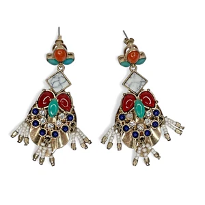 Anthropologie Owl Gold Sparkle Drop Earrings Colorful Stones Crystals Beads NWT - Picture 1 of 5