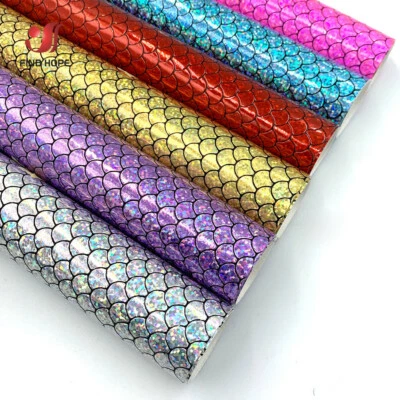 Mermaid Vinyl Glitter Holographic Scale PU Leather Fabric For Bow Craft Roll DIY - Image 1 of 4
