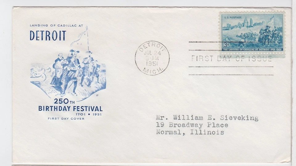 TurtlesTradingPost- Cadillac Lands at Detroit- FDC #1000 1951- Farnam Cachet - Image 1 of 1