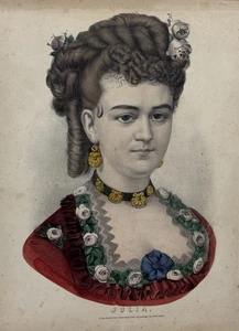 Antike Original Currier & Ives Julia Victorian Lady Portrait Lithographie 1857-72 - Bild 1 von 11