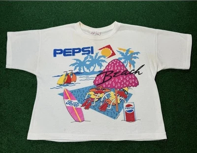 Vintage 80s RARE Pepsi Cola Surf Surfer Women’s Small Beach Crop Top T Shirt - Image 1 of 4