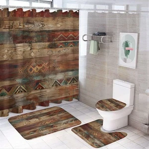 4 Pcs Shower Curtain Set with Non-Slip Rugs Toilet Lid Cover and Bath Mat Bat... - Picture 1 of 8