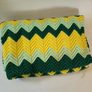 VTG Retro Green Yellow Chevron Stripe Afghan Throw Blanket Crochet Knit 46×36 - Picture 1 of 6