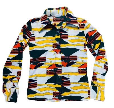 Vintage 70s JC Penney Shirt Med 10-12 Womens Disco Girls Color All Over Print - Image 1 of 4