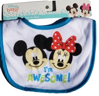 Disney Baby Infant Bib "I'm Awesome!" Mickey & Minnie Mouse Blue NEW - Image 1 of 3