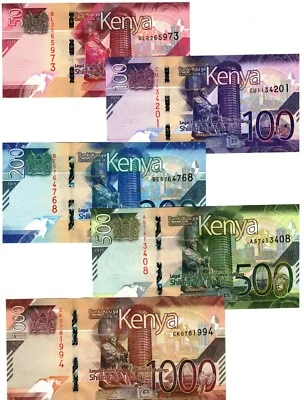 Billete Kenia 50 100 200 500 1000 chelines 2019 2024 UNC P52 a P56 juego completo Foto 1 de 2