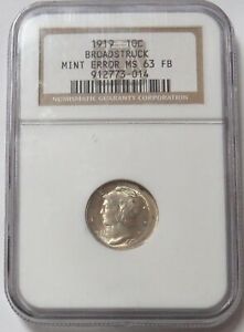 1919 MERCURY SILVER DIME ERROR BROADSTRUCK COIN NGC MINT STATE 63 FULL BANDS
