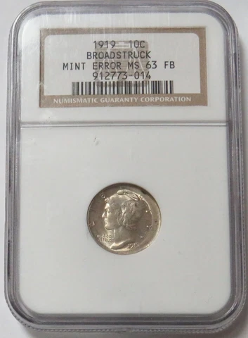 1919 MERCURY SILVER DIME ERROR BROADSTRUCK COIN NGC MINT STATE 63 FULL BANDS Cover