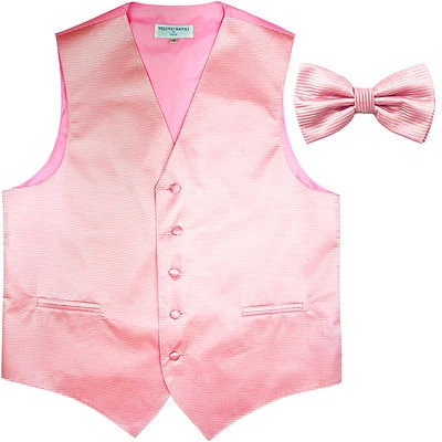 New formal men's tuxedo vest waistcoat & bowtie horizontal stripes pink wedding - Image 1 of 4