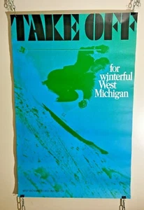 Vintage Original West Michigan Tourismus Reise Poster Skifahren Start winterlich - Bild 1 von 6