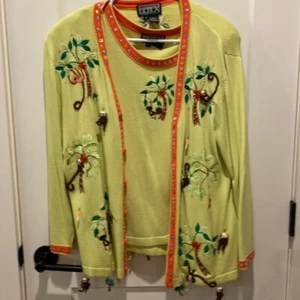 Berek Ladies Cardigan w/Tank. Lime Green w/Monkey’s/Trees Embroidered All Over - Picture 1 of 9