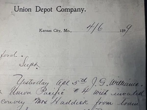 Kansas City MO Union Depot Company 1899 Zug Dokument Antik Ephemera - Bild 1 von 3