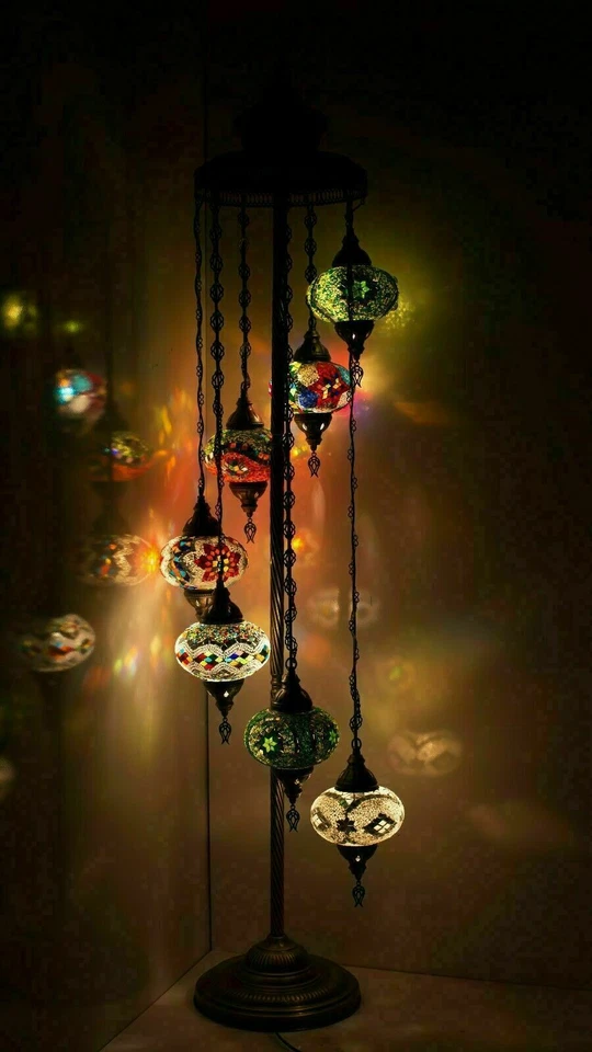 Mosaico de vidrio turco marroquí multicolor Tiffany lámpara de pie luz 7 globos grandes Foto 1 de 1