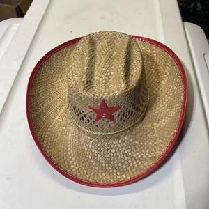 Vintage Red Child’s Summer Kids Straw Sheriffs Hat Badge Star Cowboy Western - Picture 1 of 3