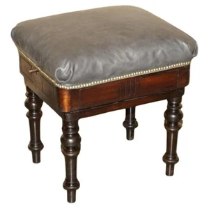 ANTIQUE ORIGINAL BROOKS LTD VICTORIAN MAHOGANY CAMPAIGN GREY LEATHER PIANO STOOL - Picture 1 of 21