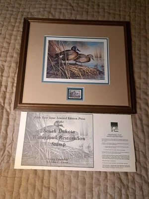1990 South Dakota Waterfowl Restoration Stamp & Signed Green Print Limited Ed  - Image 1 of 4