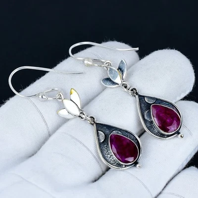 Kashmir Rubino Creato IN Laboratorio Gemma Orecchini 925 Argento Gioielli Per - Immagine 1 di 4