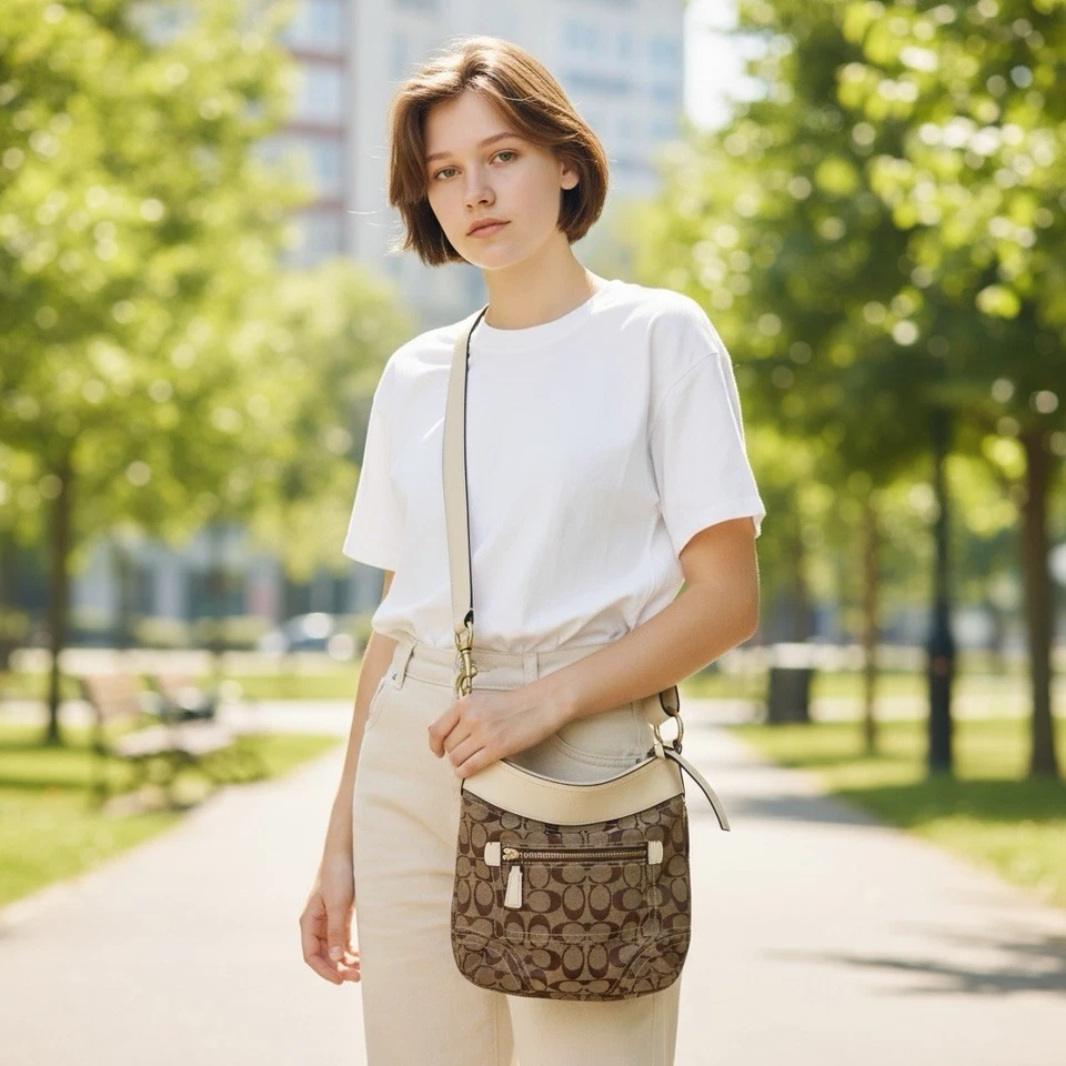 Bolso de Hombro COACH Signature Mediano de Lona, Caqui x Blanco, Cuero Logo Y2K Foto 1 de 4