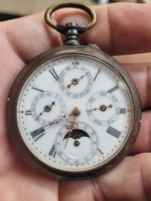 Triple Date & Moon Phase Pocket Watch open face Black case - Image 1 of 4