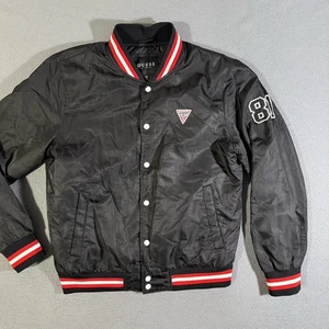 Guess Satin Varsity Bomber Jacket Full Zip Snap 81 Spellout Logo Mens Size Large - Picture 1 of 8