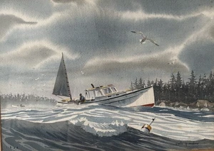 Quadro acquerello Maine dell'artista elencato Earle G Barlow datato 1964 aragosta - Foto 1 di 6