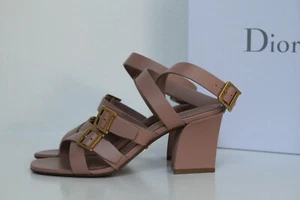sz 6.5 / 37 Christian Dior Beige Leather Double D logo Buckle Heel Sandal Shoes - Picture 1 of 10