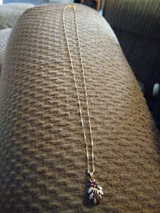 Vtg 585 14K Y.G Leaf Diamond/Red Ruby Pendant w/ 585 14k y.g. Necklace.18" - Picture 1 of 17